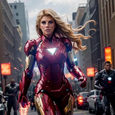 Professional photograph of epic action heroine, she's 27 year old blonde woman <lora:charlottemckinney:0.5> charlottemckinney she's wearing the Iron Man <lora:iron_man:0.4> power suit, power armor, intense focus expression on her face, she's ((flying through the streets of Washington DC)), it's night time, there's cyberpunk lighting, epic battle, armageddon, fire explosions, rave-lighting, she's flying and blasting energy from her gauntlets. Full red and gold iron man power armor, 4k, 8k, masterpiece, Marvel Cinematic Universe, Zack Snyder, epic shot, award winning movie poster <lora:Cyberpunk_style:0.35>