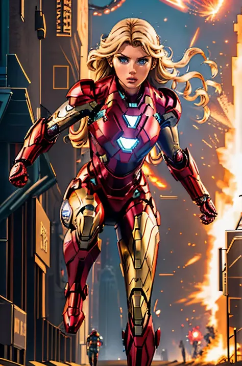 Professional photograph of epic action heroine, she's 27 year old blonde woman <lora:charlottemckinney:0.6> charlottemckinney she's wearing the Iron Man <lora:iron_man:0.5> power suit, power armor, intense focus expression on her face, she's ((flying through the streets of Washington DC)), it's night time, there's cyberpunk lighting, modern epic battle, armageddon, fire explosions, rave-lighting, she's flying and blasting energy from her gauntlets. Full red and gold iron man power armor, 4k, 8k, masterpiece, Marvel Cinematic Universe, Zack Snyder, epic shot, award winning movie poster <lora:Cyberpunk_style:0.35>. She has the correct number of fingers on her mechanical gauntlets.