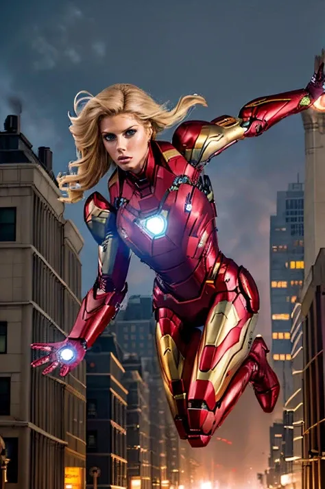 Professional photograph of (epic action heroine), she's 27 year old blonde woman <lora:charlottemckinney:0.6> charlottemckinney she's wearing the Iron Man <lora:iron_man:0.5> power suit, power armor, intense focus expression on her face, she's (((flying above the streets of Washington DC))), it's night time, there's cyberpunk lighting, modern epic battle, armageddon, fire explosions, rave-lighting, she's (flying in the air) and (blasting energy from her gauntlets). Full red and gold iron man power armor, 4k, 8k, masterpiece, Marvel Cinematic Universe, Zack Snyder, epic shot, award winning movie poster <lora:Cyberpunk_style:0.35>. She has the correct number of fingers on her mechanical gauntlets.