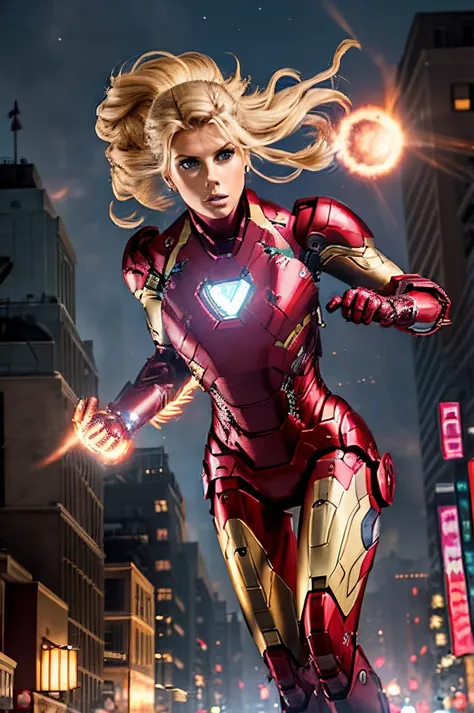 Professional photograph of (epic action heroine), she's 27 year old blonde woman <lora:charlottemckinney:0.6> charlottemckinney she's wearing the Iron Man <lora:iron_man:0.5> power suit, power armor, intense focus expression on her face, she's (((flying above the streets of Washington DC))), it's night time, there's cyberpunk lighting, modern epic battle, armageddon, fire explosions, rave-lighting, she's (flying in the air) and (blasting energy from her gauntlets). Full red and gold iron man power armor, 4k, 8k, masterpiece, Marvel Cinematic Universe, Zack Snyder, epic shot, award winning movie poster <lora:Cyberpunk_style:0.35>. She has the correct number of fingers on her mechanical gauntlets.
