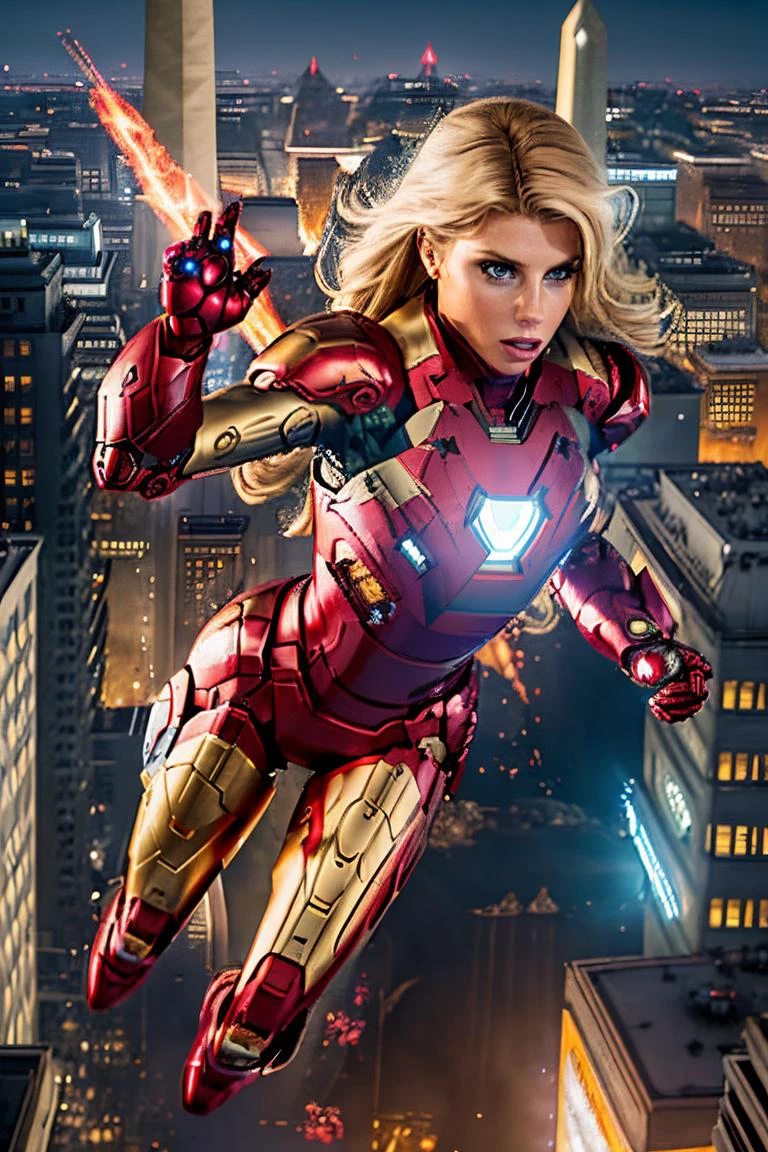 Professional photograph of (epic action heroine), she's 27 year old blonde woman <lora:charlottemckinney:0.6> charlottemckinney she's wearing the Iron Man <lora:iron_man:0.5> power suit, power armor, intense focus expression on her face, she's (((flying above the streets of Washington DC))), it's night time, there's cyberpunk lighting, modern epic battle, armageddon, fire explosions, rave-lighting, she's (flying in the air) and (blasting energy from her gauntlets). Full red and gold iron man power armor, 4k, 8k, masterpiece, Marvel Cinematic Universe, Zack Snyder, epic shot, award winning movie poster <lora:Cyberpunk_style:0.35>. She has the correct number of fingers on her mechanical gauntlets.