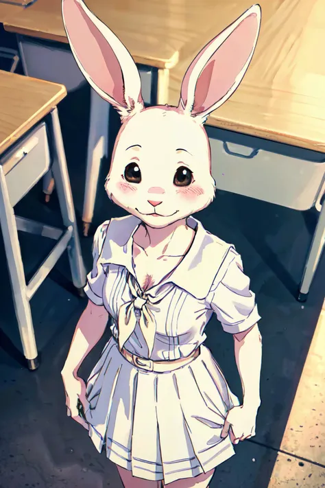 <lora:haru-v1-locon:1>haru, rabbit girl, white body ,fur,black eyes, brown eyes, petite, school uniform,white dress,anthro, cleavage, from above,furry,blush,
at school,
(best quality, masterpiece, RAW photo,ultra-detailed:1.2), <lyco:GoodHands-beta2:1.0>,solo,looking at viewer,smile