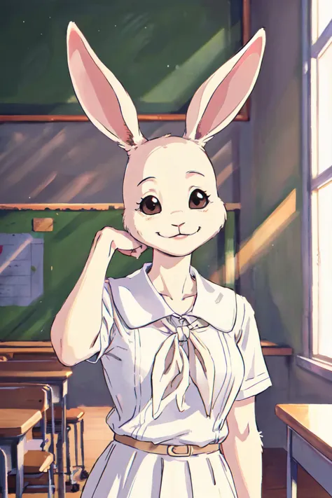 <lora:haru-v1-locon:1>haru, rabbit girl, white body ,fur,black eyes, brown eyes, petite, school uniform,white dress,anthro,
at school,
(best quality, masterpiece, RAW photo,ultra-detailed:1.2), <lyco:GoodHands-beta2:1.0>,solo,looking at viewer,smile