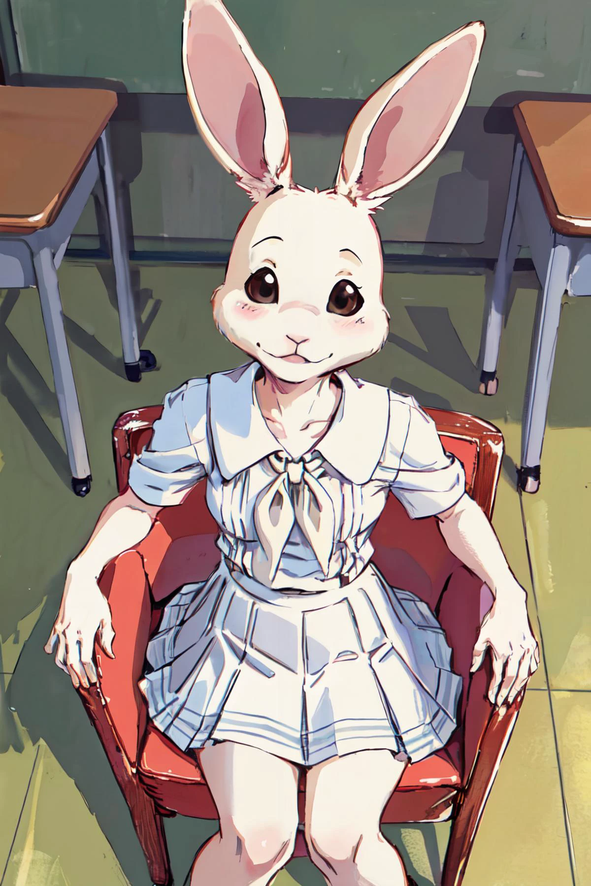 <lora:haru-v1-locon:1>haru, rabbit girl, white body ,fur,black eyes, brown eyes, petite, school uniform,white dress, mini skirt,anthro, from above,furry,blush, sitting chair,
at school,
(best quality, masterpiece, RAW photo,ultra-detailed:1.2), <lyco:GoodHands-beta2:1.0>,solo,looking at viewer,smile