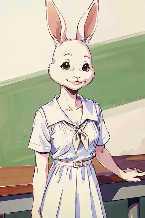 <lora:haru-v1-locon:1>haru, rabbit girl, white body ,fur,black eyes, brown eyes, petite, school uniform,white dress,anthro, cleavage,
at school,
(best quality, masterpiece, RAW photo,ultra-detailed:1.2), <lyco:GoodHands-beta2:1.0>,solo,looking at viewer,smile