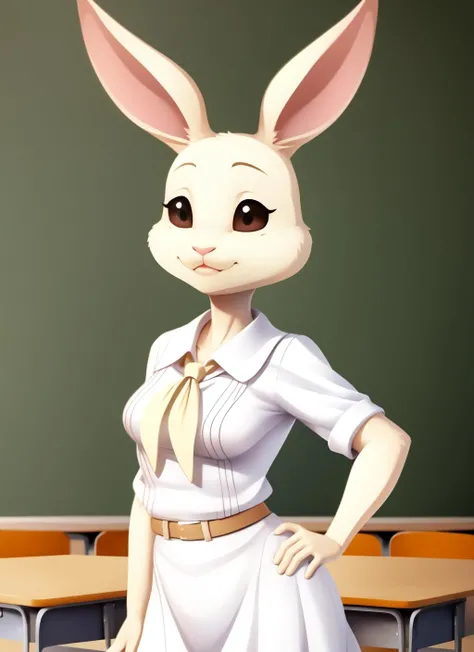 haru, tiny furry female anthro, rabbit girl, standing, portrait, school uniform, white dress, solo, body fur, (petite:1.2), (best quality), (classroom background:1.2), small breasts, soft lighting, looking at viewer, black eyes, parted lips, (belt:0.2), cel shaded, <lora:haru-v1-locon:1>