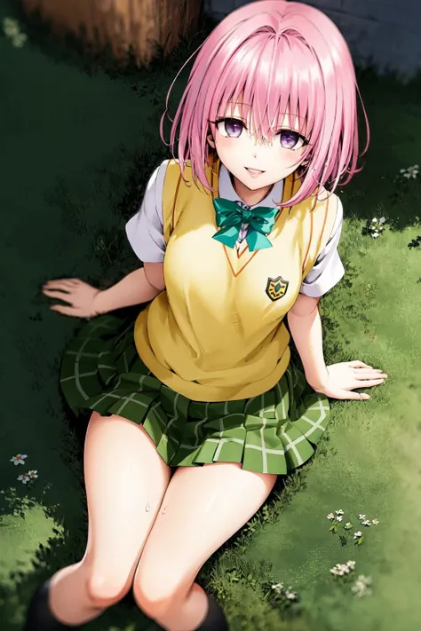 <lora:ToloveruDarknessStyle-000050:0.9:lbw=outall>pink hair, bob cut, purple eyes,school uniform,sweater vest,plaid skirt, green skirt, parted lips,from above, smile, (best quality:1.3),1girl,<lora:GoodHands-beta2:1>,