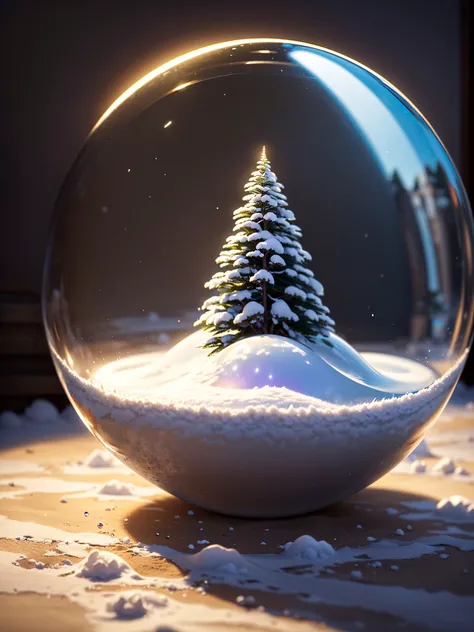 planet glass ball with snow environment inside, buried in sand, light refraction,