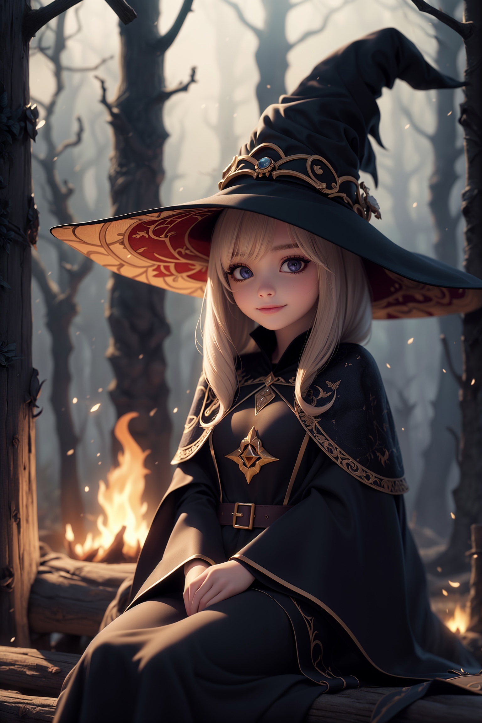 A woman in a witch hat sitting on a log in the woods - SeaArt AI