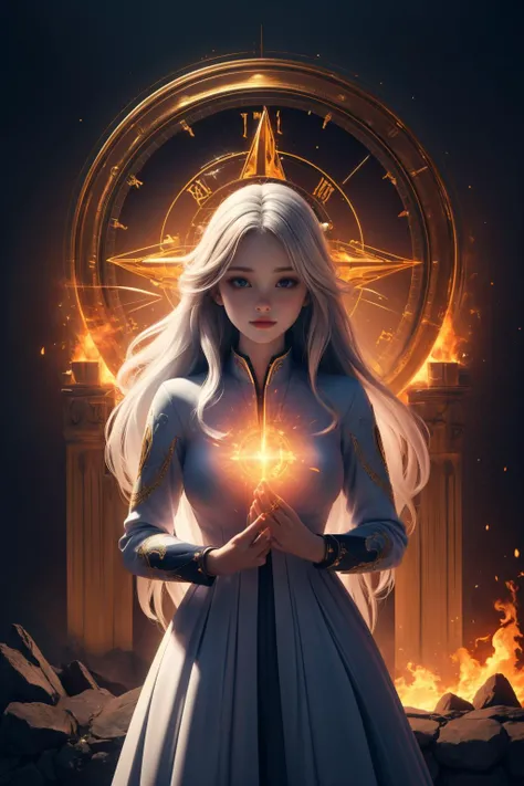 close up, 1girl, white hair, very long hair, big breasts, (<lora:Unholy:0.5>, Sc3pt4, scifi theme:1.1), divine angel of time, (style-swirlmagic:0.9), fire magic, limitless time, time travel, swirling clock in background, symmetrical composition, majestic divine atmosphere, bright light, holy aura, bloom, halo above head, divine light, white clothes, golden embroidery, filigree, blessing, relaxed composure, ray of light, <lora:add_detail:0.4>, <lora:Cute01:0.5>,, masterpiece,ultra realistic,32k,extremely detailed CG unity 8k wallpaper, best quality