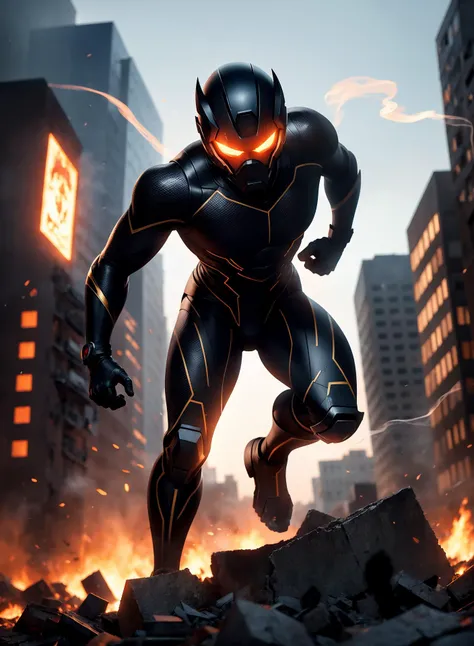 fighting , glowing eyes, short hair,torn tight supersuit, in a destroyed city, smoke and fire, glowing power aura, dynamic pose, dynamic view