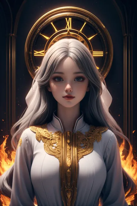 close up, 1girl, white hair, very long hair, big breasts, (<lora:Unholy:0.5>, Sc3pt4, scifi theme:1.1), divine angel of time, (style-swirlmagic:0.9), fire magic, golden crown, limitless time, time travel, swirling clock in background, symmetrical composition, majestic divine atmosphere, bright light, holy aura, bloom, halo above head, divine light, white clothes, golden embroidery, filigree, blessing, relaxed composure, ray of light, <lora:add_detail:0.4>, <lora:Cute01:0.5>,, masterpiece,ultra realistic,32k,extremely detailed CG unity 8k wallpaper, best quality