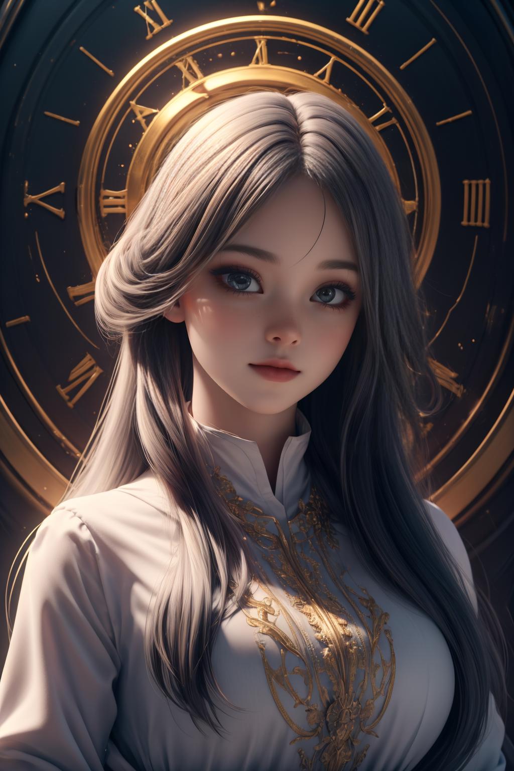 A woman with long hair and a white shirt standing in front of a clock ...