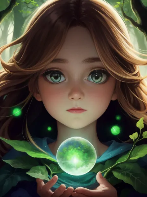 An alluring Fae Woman enchantress, (up close,:1.1) glowing markings, emerald green eyes, golden curly hair, solo, (upper body:0.6), gazing at a floating orb, intricate background, detailed face, (magical forest theme:1.1) (glowing orb:1.05), embodied magical flora, enchanted, harmony, mystic, floral, esoteric symbolism, ivy, glow, luminescence, symmetry, forest spirits, diffused-backlighting, enchanted woodland background, otherworldly magical atmosphere<lora:Elixir:1>