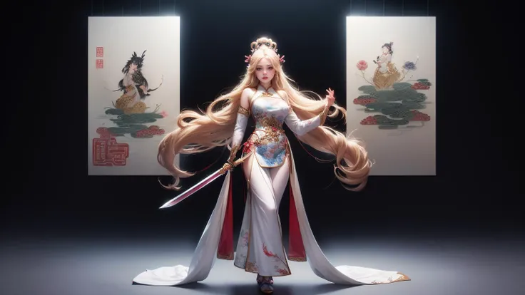 ((High-quality CG, Chinese painting style), (one female), full body picture, character standing painting, a beautiful fairy dancing in the magnificent sky, beautiful and gorgeous posture, beautiful appearance like a flower, dressed in gorgeous clothes, like the first bloom of snow lotus, eyes shining happily, full of light, brilliant magic array surrounding, containing oriental aesthetics, gorgeous fairy clothes, exquisite posture, long hair like a waterfall, white light flashing, dreamy clouds, C4D, OC rendering, edge light, fine light, masterpiece, super detail, epic composition, ultra HD, high quality, 32k, (bring sword),, masterpiece,ultra realistic,32k,extremely detailed CG unity 8k wallpaper, best quality