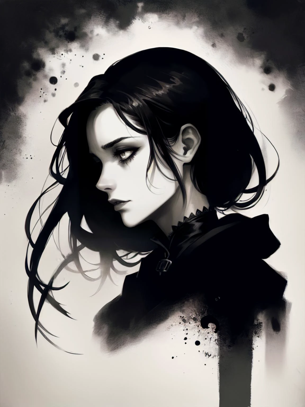 best quality, masterpiece, jp-j1a 1girl, Style-GravityMagic, solo, from side, side view, upper body, looking down, detailed background, detailed face, (<lora:GothicPunkAI:0.5>, gothicpunkai, gothic theme:1.1), dark eyes, mythical shadow-phantom, master of disguise, , agent of the night, ebon shroud, hood, dark brown leather armour, belt, shadow manipulation, dark magical tattoos, shadowy underworld in background, dark color scheme, (dark shadows:1.1), moonlit silhouette, eerie calm, sinister atmosphere, <lora:detail_slider_v4:2