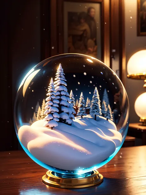 glass globe with snow inside glass globe with sand, light refraction, reflection on glass,