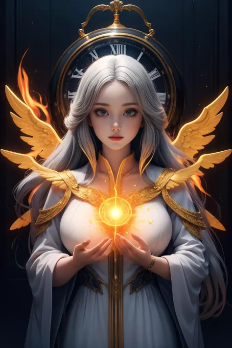 close up, 1girl, white hair, very long hair, big breasts, (<lora:Unholy:0.5>, Sc3pt4, scifi theme:1.1), divine angel of time, (style-swirlmagic:0.9), fire magic, golden crown, limitless time, time travel, swirling clock in background, symmetrical composition, majestic divine atmosphere, bright light, holy aura, bloom, halo above head, divine light, white clothes, golden embroidery, filigree, blessing, relaxed composure, ray of light, <lora:add_detail:0.4>, <lora:Cute01:0.5>,, masterpiece,ultra realistic,32k,extremely detailed CG unity 8k wallpaper, best quality
