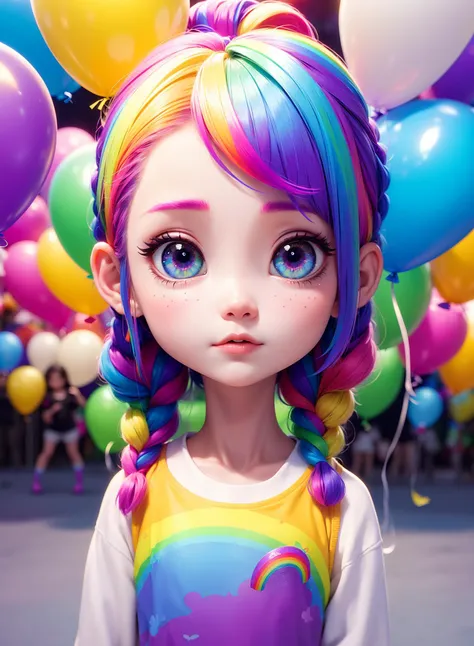 masterpiece, best quality,
1 girl, pretty and cute, (rainbow color Highlight Hair,colorful hair:1.4), wearing blue and purple sunglasses, yellow jacket with white pattern, white sweater, many colored balloons, doll face, ponytail braid, perfect detail eyes, delicate face, perfect cg, HD quality, colored balloons, sky ,black boots