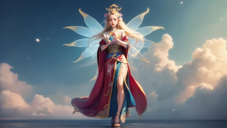 ((High-quality CG, Chinese painting style), (one female), full body picture, character standing painting, a beautiful fairy dancing in the magnificent sky, beautiful and gorgeous posture, beautiful appearance like a flower, dressed in gorgeous clothes, like the first bloom of snow lotus, eyes shining happily, full of light, brilliant magic array surrounding, containing oriental aesthetics, gorgeous fairy clothes, exquisite posture, long hair like a waterfall, white light flashing, dreamy clouds, C4D, OC rendering, movie edge light, fine light, masterpiece, super detail, epic composition, ultra HD, high quality, 32k, (bring sword),, masterpiece,ultra realistic,32k,extremely detailed CG unity 8k wallpaper, best quality