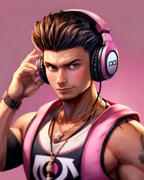 pauly d, handsome man, (closeup:0.8) portrait, upper body, pixar style, smirk, sharp focus, absurdres, masterpiece, clean plain vibrant pink background, dynamic pose, (profile:0.5), necklace, wearing dj headphones <lora:add_detail:0.8> <lora:diffusiondudes_PaulyD_V1-05:0.9>