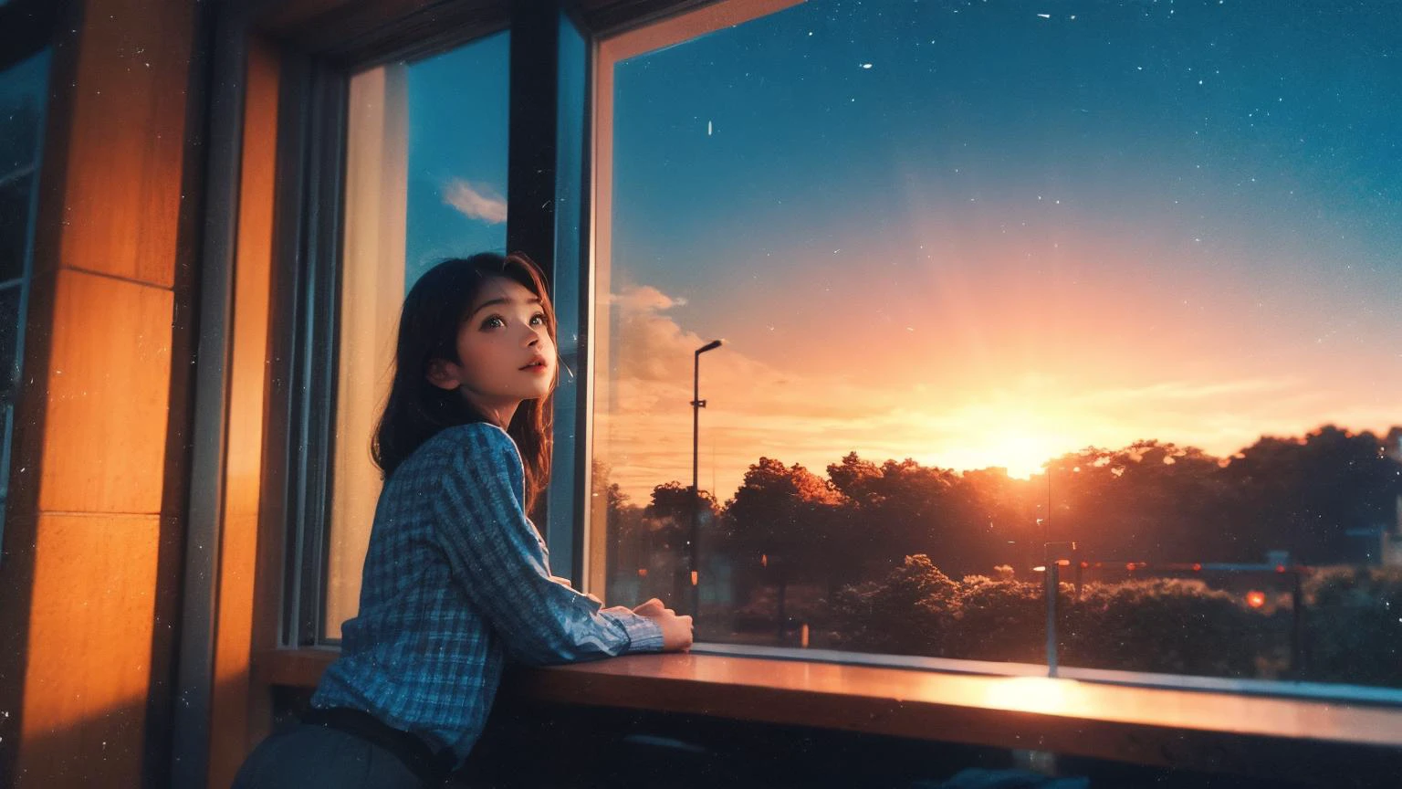 a girl, cowboy shot, evening background, (light shining through the window), HDR, full body, (tuck one's plaid blue shirt in), (90's), nostalgic color, lovely autumn, (sunset background:1.1), beautiful detailed eyes and face, perfect body, narrow waist, dynamic pose, brown eyes, slightly curly hair, bow camisole, Comb-over, Tails, masterpiece, ultra realistic,32k,extremely detailed CG unity 8k wallpaper, best quality