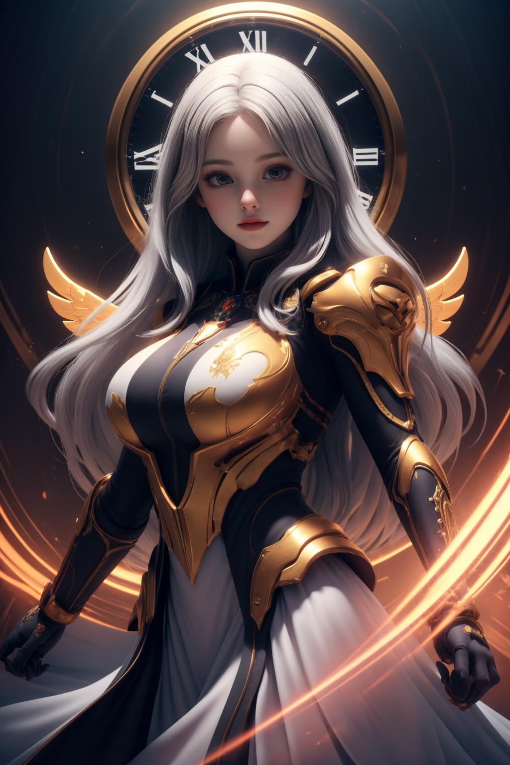 A woman with long hair and a gold armor standing in front of a clock ...