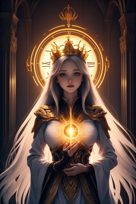 close up, 1girl, white hair, very long hair, big breasts, (<lora:Unholy:0.5>, Sc3pt4, scifi theme:1.1), divine angel of time, (style-swirlmagic:0.9), fire magic, golden crown, limitless time, time travel, swirling clock in background, symmetrical composition, majestic divine atmosphere, bright light, holy aura, bloom, halo above head, divine light, white clothes, golden embroidery, filigree, blessing, relaxed composure, ray of light, <lora:add_detail:0.4>, <lora:Cute01:0.5>,, masterpiece,ultra realistic,32k,extremely detailed CG unity 8k wallpaper, best quality