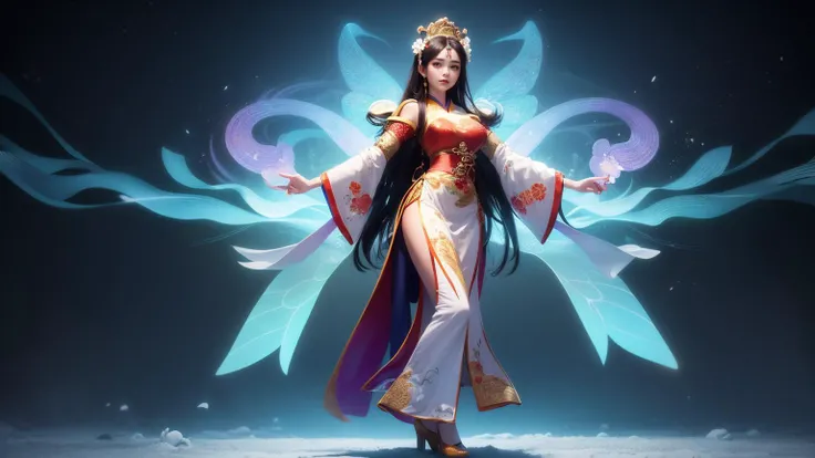 ((High-quality CG, Chinese painting style), (one female), full body picture, character standing painting, a beautiful fairy dancing in the magnificent sky, beautiful and gorgeous posture, beautiful appearance like a flower, dressed in gorgeous clothes, like the first bloom of snow lotus, eyes shining happily, full of light, brilliant magic array surrounding, containing oriental aesthetics, gorgeous fairy clothes, exquisite posture, long hair like a waterfall, white light flashing, dreamy clouds, C4D, OC rendering, edge light, fine light, masterpiece, super detail, epic composition, ultra HD, high quality, 32k, (bring sword),, masterpiece,ultra realistic,32k,extremely detailed CG unity 8k wallpaper, best quality