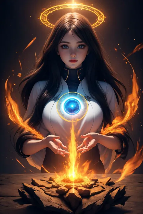 close up, 1girl, white hair, very long hair, big breasts, (<lora:Unholy:0.5>, Sc3pt4, scifi theme:1.1), divine angel of time, (style-swirlmagic:0.9), fire magic, golden crown, limitless time, time travel, swirling clock in background, symmetrical composition, majestic divine atmosphere, bright light, holy aura, bloom, halo above head, divine light, white clothes, golden embroidery, filigree, blessing, relaxed composure, ray of light, <lora:add_detail:0.4>, <lora:Cute01:0.5>,, masterpiece,ultra realistic,32k,extremely detailed CG unity 8k wallpaper, best quality