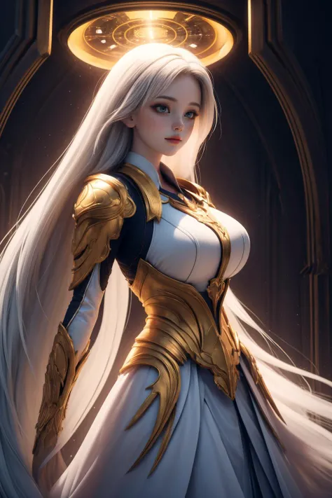 close up, 1girl, white hair, very long hair, big breasts, (<lora:Unholy:0.5>, Sc3pt4, scifi theme:1.1), divine angel of time, (style-swirlmagic:0.9), limitless time, time travel, swirling clock in background, symmetrical composition, majestic divine atmosphere, bright light, holy aura, bloom, halo above head, divine light, white clothes, golden embroidery,filigree, blessing, relaxed composure, ray of light, <lora:add_detail:0.4>, <lora:Cute01:0.5>,, masterpiece,ultra realistic,32k,extremely detailed CG unity 8k wallpaper, best quality