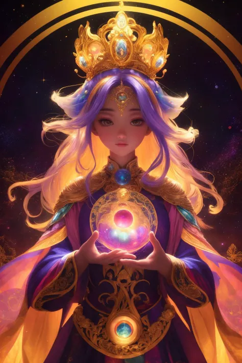 An ethereal cosmic being of grand stature, adorned in majestic cosmic-themed attire, which shimmers with radiant, nebulous colors that reflect constellations and distant galaxies, celestial tools, brimming with stardust and pulsating with cosmic energy, eyes glow with a soft but intense light, (masterpiece:1.2), soft lighting, subsurface scattering, heavy shadow, (best quality:1.4), golden ratio, (intricate, high detail:1.2), soft focus