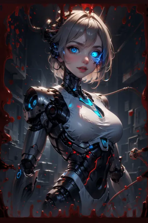a cyborg lady, (cybernetic jaw), mechanical parts, white shirt, black latex skirt, metal skin, (glowing blue eyes), cables, wires, white hair,
<lora:BloodOnScreenv10:0.9>, BloodOnScreen,