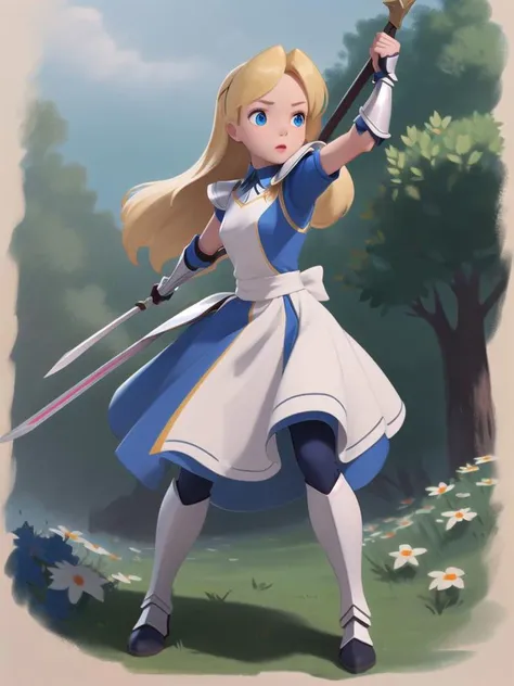 1girl, human, alice liddel, (armor dress:1.2), (wielding an Halberd:1.2), blonde hair, <lora:alice_liddell_v2:0.8>,