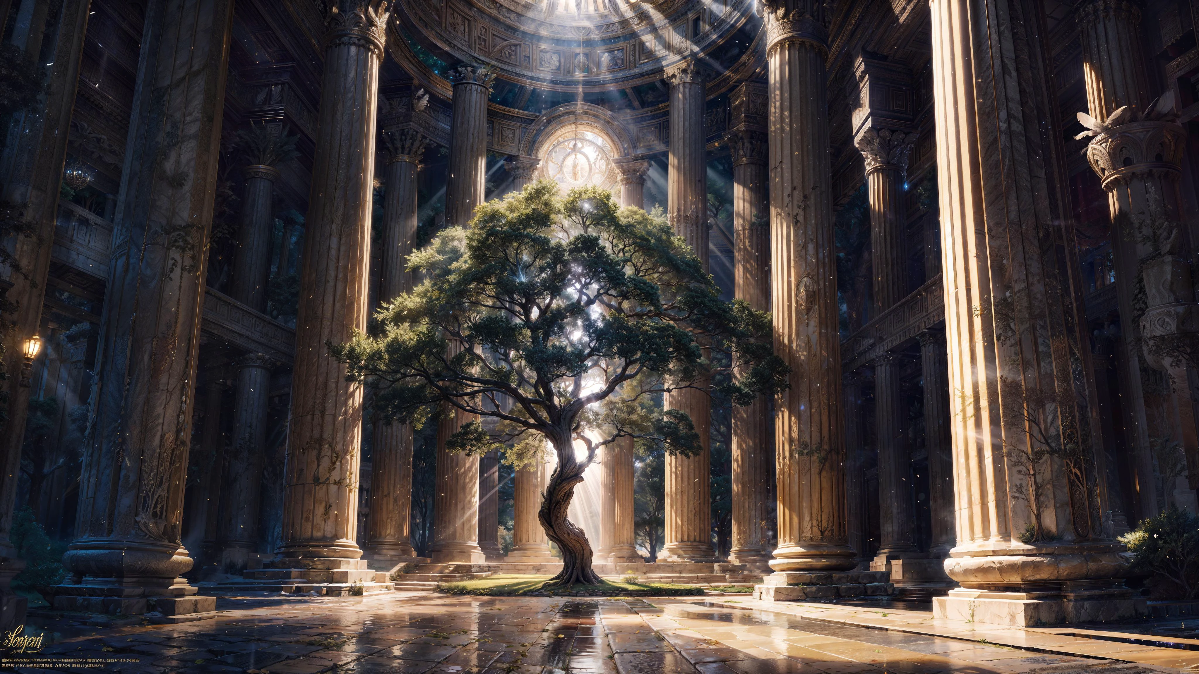 isolated one tree, huge tree of life,oak, feathers, branches and roots, leaves, glowing haze, sparkles, god rays, in the middle of a greek temple, cinematic lighting,strong contrast,high level of detail,Best quality,masterpiece,simple background, black background,<lora:detail_slider_v4:1> ,<lora:wowifierV3:0.8> by mooncryptowow ,<lora:add_detail:0.8>