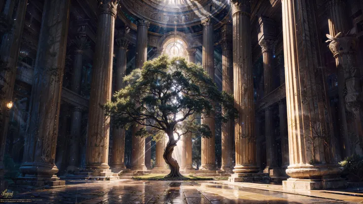 isolated one tree, huge tree of life,oak, feathers, branches and roots, leaves, glowing haze, sparkles, god rays, in the middle of a greek temple, cinematic lighting,strong contrast,high level of detail,Best quality,masterpiece,simple background, black background,<lora:detail_slider_v4:1> ,<lora:wowifierV3:0.8> by mooncryptowow ,<lora:add_detail:0.8>