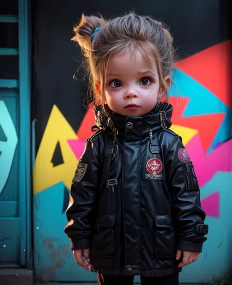 ,child,l_girl,of Pixar,absurdres,Cinematic Lighting,looking at viewer,<lora:add_detail:0.8>,<lora:leon32:1>,<lora:Cyberpunk_Anime:0.5>,down_jacket,Graffiti wall,car,