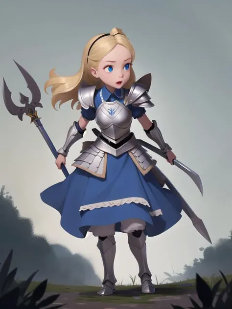 1girl, human, alice liddel, (armor dress:1.2), (wielding an Halberd:1), blonde hair, <lora:alice_liddell_v2:0.8>,