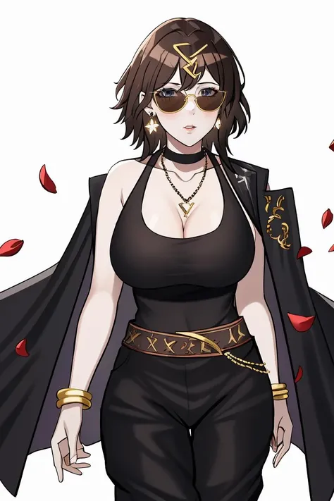 masterpiece, best quality, <lora:GeorgiaALmuktiV1-000090:1>,Georgia, STP, 1girl, large_breasts, cleavage,sunglassesbrown_hair, looking_at_viewer, necklace, white_background, black_dress, jacket_on_shoulders, earrings, petals, long_hair, bracelet, simple_background, blush, pants, parted_lips, belt