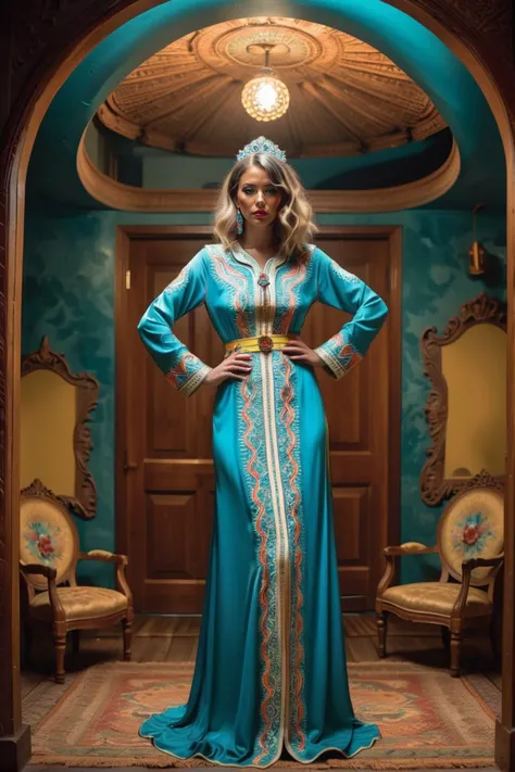 psychedelic advertising style Fearful, Swirling Azure, Lustful, Provia, Shameless, Fujifilm Superia, Manic, CMYK Colors, hair light, Magical Realism, Fairy-Tale, Beautifully Lit, Awful Unconventional well-built Maori ([Amanda Bynes:Ifrit:5] :1.3) eating tea, ð, Amanda Bynes is Singing in a choir, Long bob hairstyle, Suffering, Shameful, anaglyph effect, Mustard and White neon hue, Vibrant Color, <lora:CaftanXLv1:0.8> qftan, woman, dress . Mind-bending, colorful, trippy, psychedelic, kaleidoscopic, surreal, highly detailed