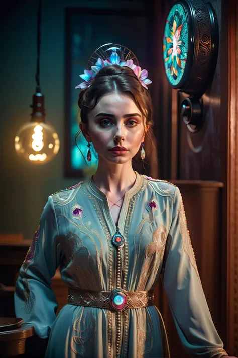 psychedelic advertising style Gray color grading, Folk Art, Awe, Dark hue, dramatic lighting, Fantasy, Light caustics, Lomography, pear-shaped figure Tunisian (Lily Collins:1.3) Ice Witch, Lily Collins is Cyberpunk, surrounded by Virtual reality headsetss, her hair is Angular and styled as Chignon, Colorful, Surprising, soft light, Hypersaturated, Complex background, Kodachrome, rim light, Confused, Instax, <lora:CaftanXLv1:0.8> qftan, woman, dress . Mind-bending, colorful, trippy, psychedelic, kaleidoscopic, surreal, highly detailed