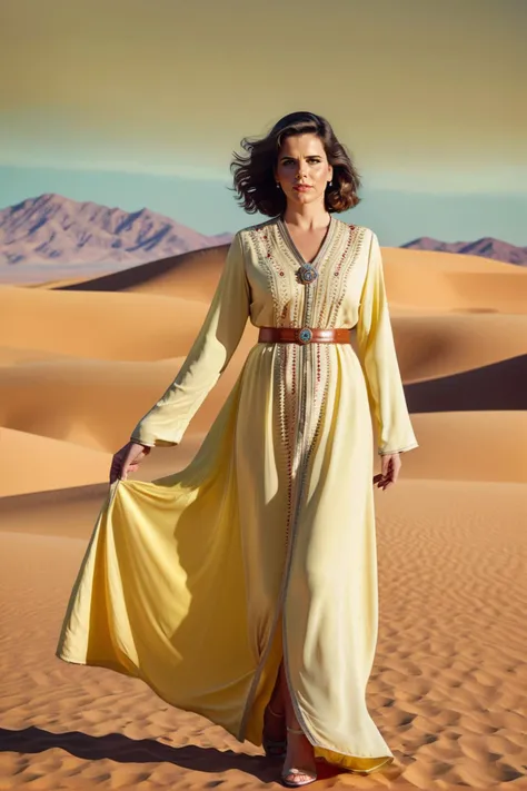 vintage advertisement style Hopeful, Velvia, Monochromatic electric yellow filter, Lonely, Rollerwave, Guilty, well-built traditional Bedouin ([Neve Campbell|Peggy Olson] :1.2) , Refreshing, Peggy Olson has Honey hairstyle, Shameless, Cold Colors, Bloom light, Manic, Polychromatic, Fearful, concept art, Embarrassing, Saturated, <lora:CaftanXLv1:0.8> qftan, woman, dress . Retro, nostalgic, aged, weathered, classic, old-school, highly detailed