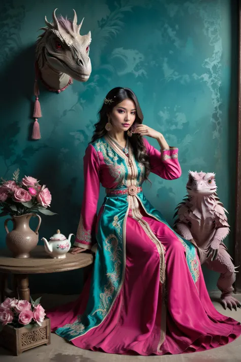 Dichromatic, Infrared, Low Contrast, deep pink and Teal hue, Muted Colors, Historical Tibetan (Pokimane:1.2) , she is with a Velociraptor, Pokimane is having a tea party, Astonishing hair, Single Color, Elegant, Nanopunk, studio lighting, Agfacolor, <lora:CaftanXLv1:0.8> qftan, woman, dress, <lora:xl_more_art-full_v1:0.6>