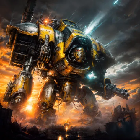 long shot scenic professional photograph of Epic scale war, ruined city. sunset, dramatic, atmospheric, best quality, masterpiece, realistic, reflective metal, sky, emperor (Solo:1.8), majectic, glowing eyes, gigantic, towering, view from below, gun, firing, chaos, shoulder cannon, arm cannon, gatling gun, firing, army, battle, cyberpunk, rim lighting, relic, volume fog, <lora:Titans MK1 by CARAXES:0.6>, perfect viewpoint, highly detailed, wide-angle lens, hyper realistic, with dramatic sky, polarizing filter, natural lighting, vivid colors, everything in sharp focus, HDR, UHD, 64K <lora:methurlant:0.4>