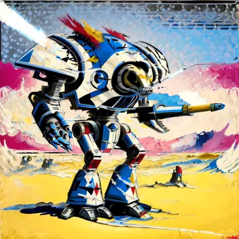 ((acrylic painting,pop art,style of Roy Lichtenstein)),mech, titan,warhound,walking in arid field,no humans,gatling gun,laser gun, <lora:Titans MK1 by CARAXES:0.8>