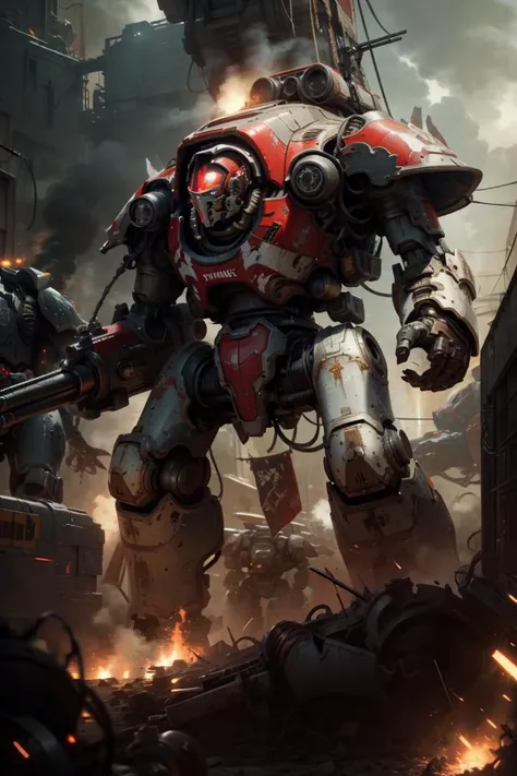 Unreal Engine,best quality,masterpiece,realistic,sky,mecha,warlord titan, gun, firing, chaos, body, scartches, red colorway, shoulder cannon, arm cannon, gattling gun,in the background, firing, army, battle,cyberpunk,rim lighting,relic,volume fog, <lora:Titans MK1 by CARAXES:0.5>