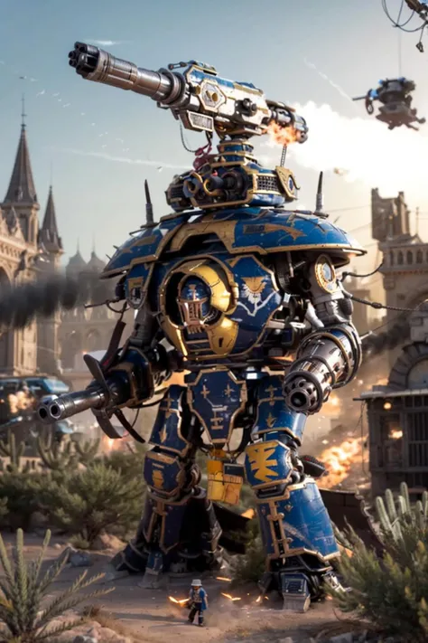 silhouette  of  reaver, gun, firing, size difference, gigantic size, enormous, giant, ((miniature building:1.5)), tall stature, 
blue body, paint scratches, gold colorway, shoulder cannons, arm cannons, Gatling gun, damaged, huge gun,
in the background, firing, army, battle, in the middle of siege, heavy explosion, gun drone, from bellow, walking,
desert landscape, tiny humans, tiny building, 
<lora:Titans MK1 by CARAXES:0.7> <lora:artstyle - hipoly_3dcg_v7-epoch-000012:0.6> <lora:artstyle - PrintGraphic_v1-0:0.6>