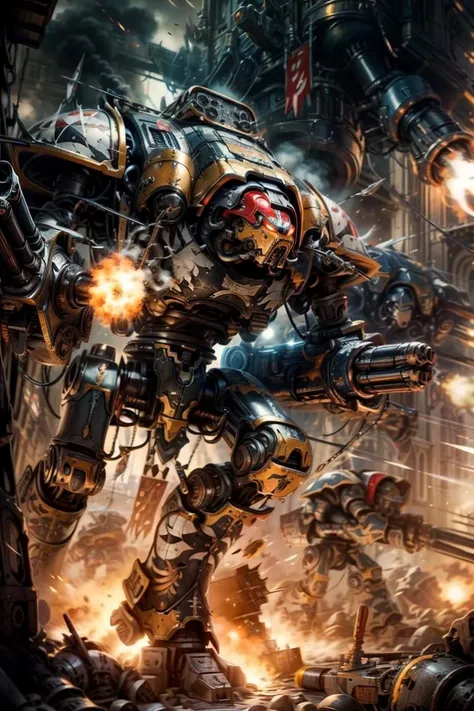 Photo of warhound, titan, gun, firing, chaos,
red body, scartches, red colorway, shoulder cannon, arm cannon, gattling gun, damaged, huge gun,
in the background, firing, army, battle, in the middle of siege, heavy explosion, gun drone,
<lora:tool - add_detail:1> <lora:Titans MK1 by CARAXES:0.7>