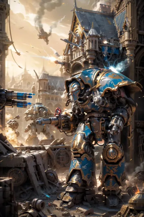 photo of warlord, titan, gun, firing, size difference, gigantic size, enormous, giant, ((miniature building:1.5)), tall stature,
blue body, paint scratches, gold colorway, shoulder cannons, arm cannons, Gatling gun, damaged, huge gun,
in the background, firing, army, battle, in the middle of siege, heavy explosion, gun drone, from bellow, walking,
desert landscape, tiny humans, tiny building,
<lora:Titans MK1 by CARAXES:0.7> <lora:artstyle - hipoly_3dcg_v7-epoch-000012:0.6> <lora:artstyle - PrintGraphic_v1-0:0.6>