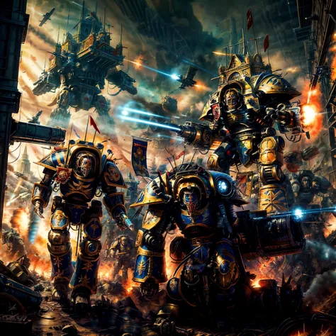 Generate a stunning art style, a true [masterpiece] [best quality] of art. It has [absurdres, high quality, ultra detail]. The image showcases [detailed linework], [dynamic shading], and [dramatic lighting], bringing to life a [dreading and dark atmosphere].
The [silhouette] of an emperor titan is to be seen on the [horizon]. It is covered with [laser gun,shoulder cannons, arm cannons, gatling gun, gun, huge gun].
Its majestic form [size difference, gigantic size, enormous, giant, towering over building, tall stature] towers above all.
Its appearance is characterised by [blue body, paint scratches, gold colorway]. He is in the middle of the battle and is [firing, charging forward] towards the enemy.
BREAK;
Many [astra militarum soldier and their silhouette] are to be seen with a [gohtic spire city] and [battle standard] in the background. In the air [valkyrie airplanes] are to be seen.
Armies fight each other [ firing, army, battle, in the middle of siege, heavy explosion, gun drone, from bellow].
The art style should capture the [post-apocalyptic setting] of the image and flare of the [warhammer 40k universum]. The overall mood of the image should be [grim], [warhammer 40k], with a sense of [melancholy], [loneliness], and [desolation], showing the complete scene.
<lora:Titans MK1 by CARAXES:0.7>  <lora:more_details:1>